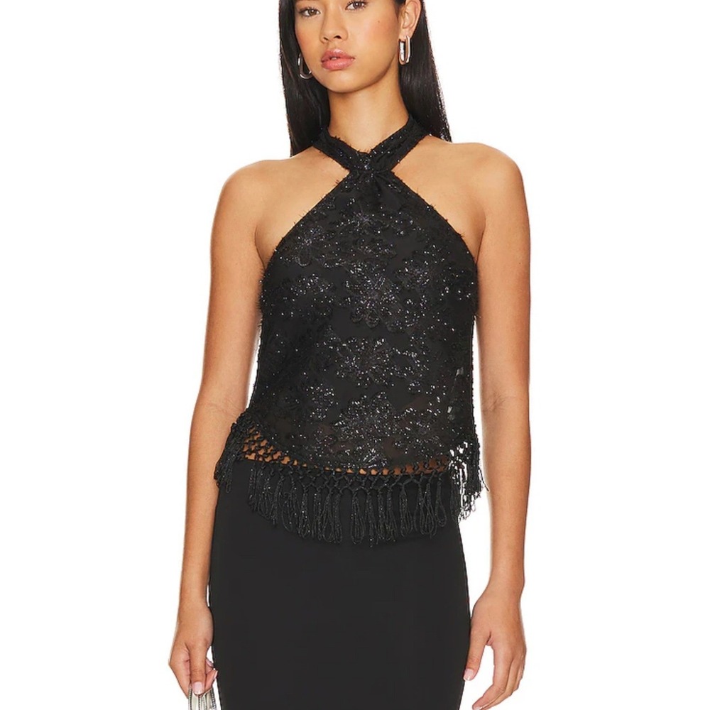 Heartloom Merritt Top Womens Medium Black New Halter Fringe Metallic Floral